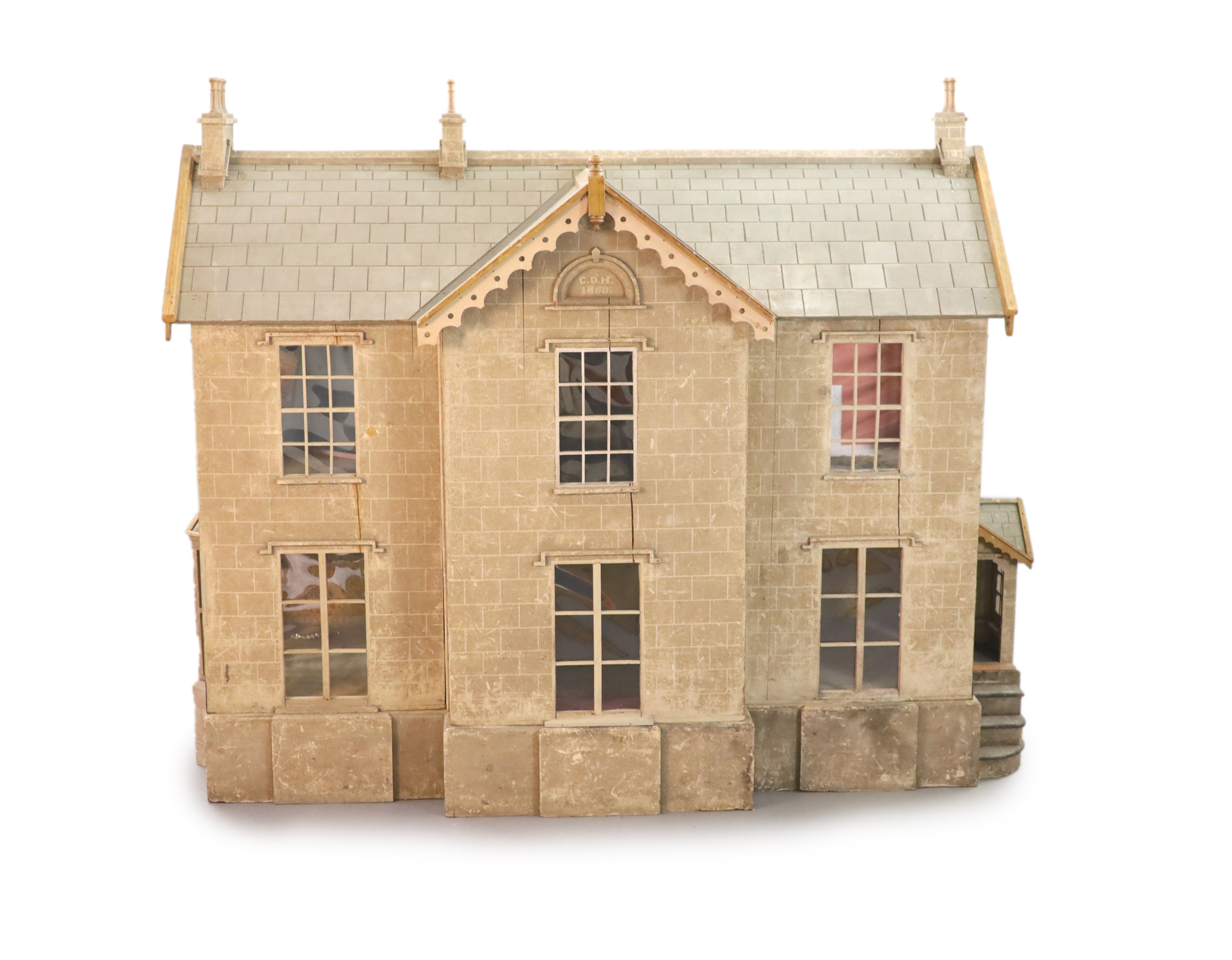 An unusually large painted pine doll's house, modelled upon a Victorian lodge house, Estate Carpenter made, Lake District width 198cm height 156cm